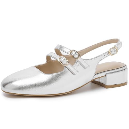 Image of Mostrin Mary Jane Shoes Women Slingback Chunky Low Heels for Women Closed Rounded Toe Ankle Strap Pumps Daily Wedding Party Dress Shoes