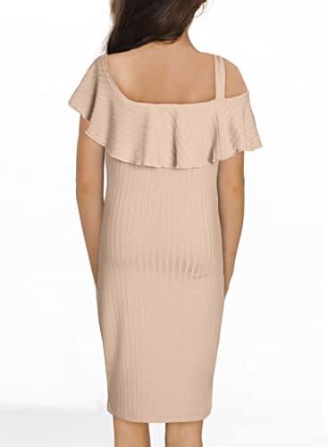 Blibean Tween Girl Party Dress Summer One Shoulder Bodycon Dresses Solid Ruffle Outfit Kid Dressy Clothes Semi Formal Clothing Size 10-12 Year Old Beige #TOP1