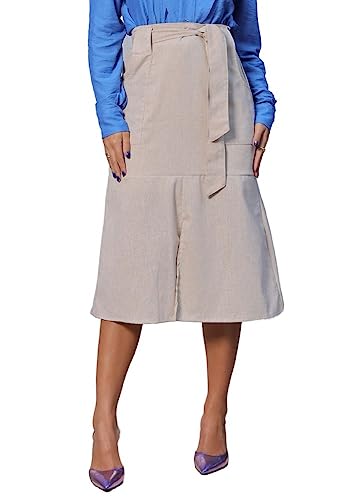 Saia Midi De Linho, Com Bolsos Acompanha Cinto (G, BEGE)