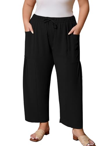 Flygo Plus Size Pants for Women Summer Casual Wide Leg Palazzo Pants Baggy Trousers with Pockets
