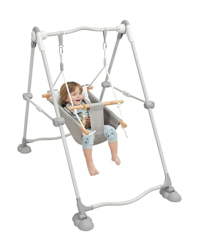 Baby Swing Set with Stand for Infant,Indoor Toddler Hammock Swing with 5-Point Safety Harness,Foldable Metal Frame, Macaron Wooden Toy,Grey and White