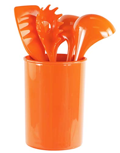 Reston Lloyd 6 Piece Kitchen Utensil Holder for Kitchen Counter, Utensils Crock with Heat Resistant Spoon, Slotted Spoon, Ladle, Spatula BPA Free, Orange