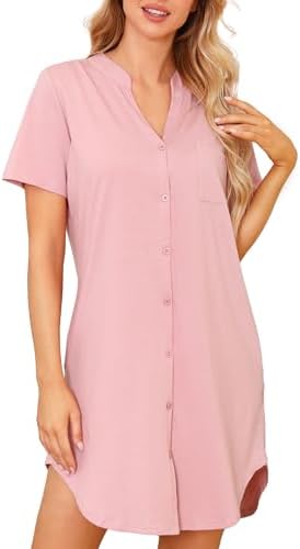 Lovasy Nachthemden für Damen Kurzarm Sommer mit Taschen | Still Schlafshirt Damen mit Vollständiger Knopfleiste Lockeres Baumwoll‑Mischung Schlafkleid Umstands Geburtshemd