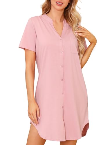 Lovasy Chemise de Nuit Femme Coton Sexy Chemise de Nuit à Manches Courtes avec Bouton Vêtement de Nuit Col en V Été Nuisette Court avec Poches B Rose Haricot L