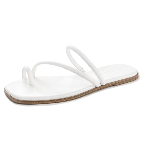 Rihero Womens White Slide Sandals Beach Square Toe Thong Flat Sandals Slip On Comfortable Dressy Summer Strappy Flip Flops Size 9.5