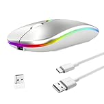 Wireless Bluetooth Mouse for Apple Macbook Pro/Air/Mac/iPad Rechargeale Bluetooth 5.2+USB C+USB A Dual Mode 2.4GHz Optical DPI 800/1200/1600 LED Quiet Click for Laptop Chromebook Computer Silver