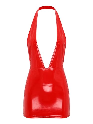 Alvivi Micro Robe Ultra Courte Cuir Simili Harnais Robe Courte Catsuit Dos Nue Taille Ajustée Halter Bandage Femme Sexy Robe Tentation Nightwear S-L Rouge F S