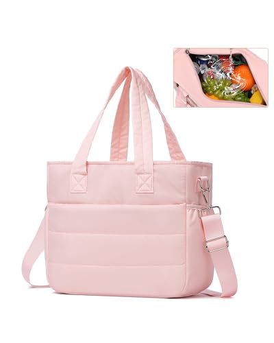 BAVERGE Lunch Bag Women, Leakproof Insulated Tote for Women Work Large Puffy Crossbody Shoulder Bag Waterproof Cooler Purse, Pink