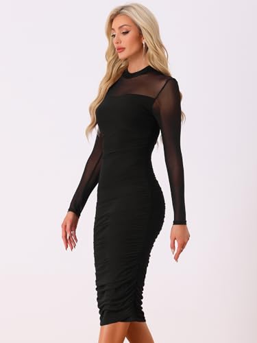 Allegra K Mesh Dress for Women's Mock Neck Long Sleeve Ruch Elegant Cocktail Bodycon Dresses4
