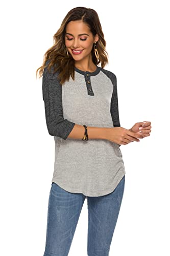 Hocosit Women's Raglan Round Neck Summer Tops Ladies Basic Button Henley Shirt Boyfriend Style Blouse #TOP3