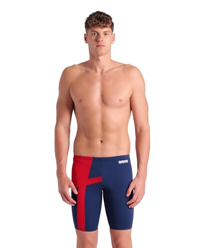 ARENA Men's Swim Jammer Diamond Team Performance MaxLife Athletic Swimwear Professional Training Swimsuit Sports Bathing Suit, Navy/Red, US Size 36