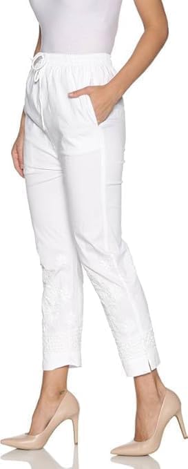 Fashionable Chikan Handikraft Spandex Stretchable Pant Hand Embroidered White Palazzo Pants for Womens