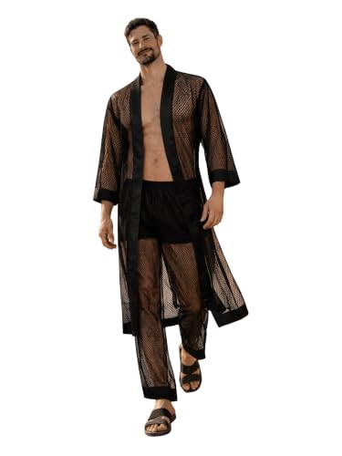 Men's 3-Piece Sheer Mesh Loungewear Set Kimono Fishnet-black-4XL/5XL