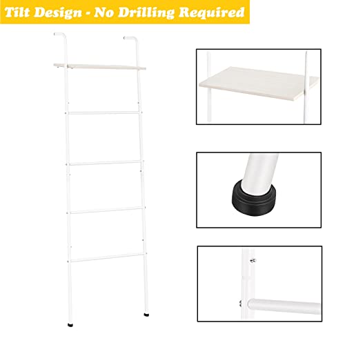Liantral Blanket Ladder, Wall Leaning Towel Ladder Blanket Holder Rack With Wood Shelf For Living Room Bathroom, Decorative Ladder For Blankets (5-Tiers, White) #TOP2