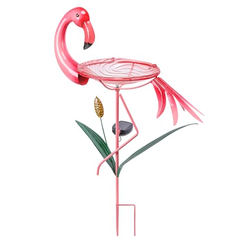 VCUTEKA Glass Bird Bath Outdoor Solar BirdBath Bird Feeder with Metal Stake Garden Decor, Flamingo