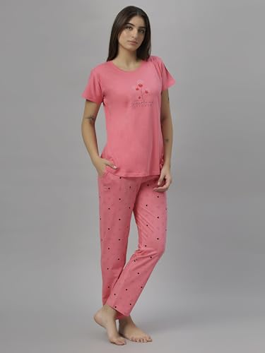 Image of DZZO Women's Cotton Printed Night Suit Set of T-Shirt & Pyjama, Night wear Dress, Relaxed wear for Women /Girls