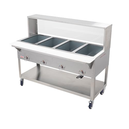 kratos commercial mobile electric steam tablehot food table with overshelf and sneeze guard 4 wells stainless steel nsf 120v 28w-203