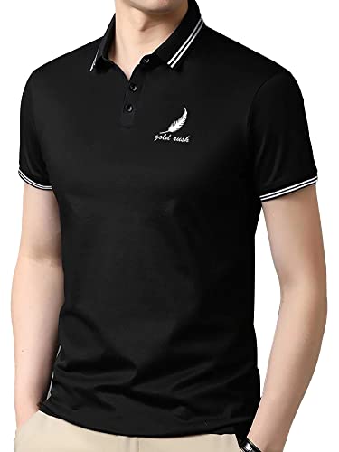 Image of Jump Cuts Men Printed Polo Neck Half Sleeve Black and White Slim Fit Cotton Blend Polo T-Shirt