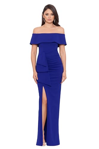 Image of Xscape Women's Off Shoulder Straight Neck Evening Gown with Foldover Cuff, Side Ruffle, Leg Slit, Fitted Formal Dress, Marine, 8P, Petite