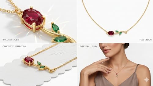 Image of Tulip Flower Pendant Necklace for Women, Red Crystal Bloom, Green Leaf Accents, Gold-Plated Finish