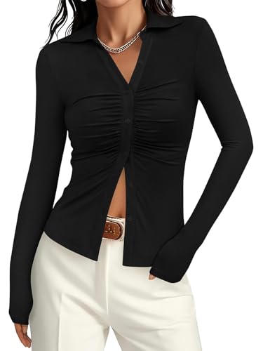 Image of PRETTYGARDEN Womens Long Sleeve Shirt Lapel Collar V Neck Button Down Shirts for Women Dressy Casual Ladies Tops (Black, Medium)