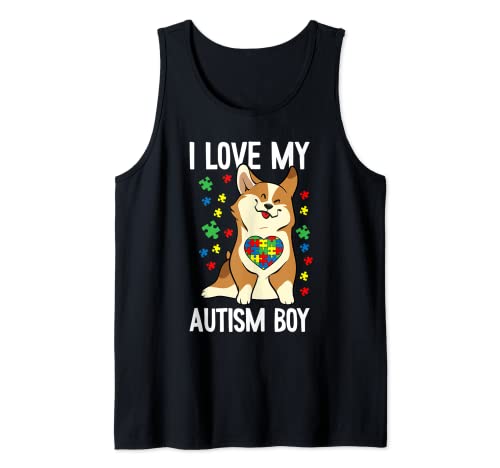 I Love My Autism Boy Conciencia Lindo Corgi Perro Puzzle Pieza Camiseta sin Mangas