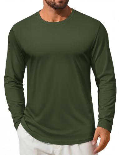 Cotrasen Long Sleeve Shirts for Men Crew Neck Moisture Wicking T-Shirts Classic Basic Casual Plain Soft Tee Shirts Army Green L