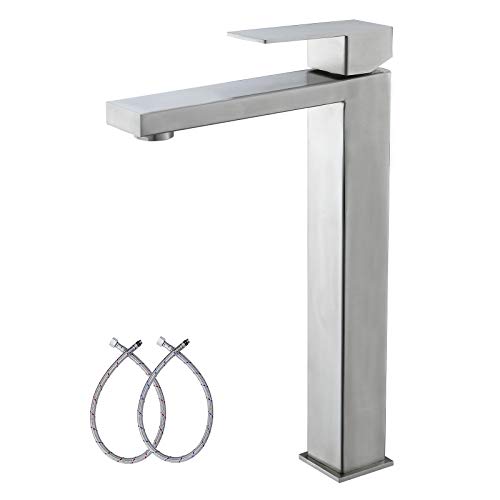 Friho Modern Single Handle Brushed Nickel Tall Vessel Sink Bathroom Faucet, Basin Mixer Tap Bathroom Sink Faucet with Water hoses