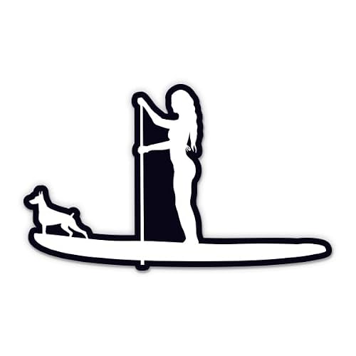 SUP Girl and Dog Sticker - 5" Laptop Sticker - Waterproof Vinyl for Car, Phone, Water Bottle - Stand Up Paddle Board Decal