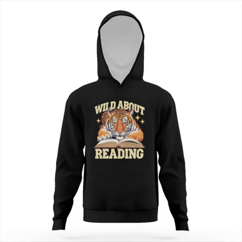 Vintage Wild About Reading Tiger Hoodies for Teen Girls Boys Lightweight Kangaroo Pocket Sweatshirt3