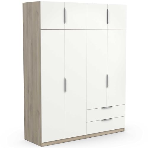 Armoire Dressing avec Penderie Moderne 8 Portes 5 Etagères 2 Tiroirs – Coloris Chêne Kronberg & Blanc Mat - 160 x 50 x 200 cm