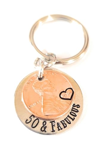 Tucker's Trinkets And Treasures 50 & Fabulous Key Chain, Lucky Birth Year Penny, 50th Birthday Gift for Her, 50 Years Old
