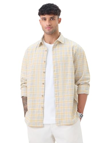 Image of The Souled Store: Blue Sails Men and Boys Long Sleeve Collared Neck Button Front Blue and Cream Checked Embroidered Regular Fit Cotton Linen Shirt