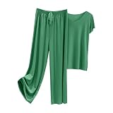 Bequemer Schlafanzug für Damen, kurzärmelig, Oberteil, Hose, Hemd, Hose, Set, Belle-Hausschuhe für Mädchen, grün, 3XL