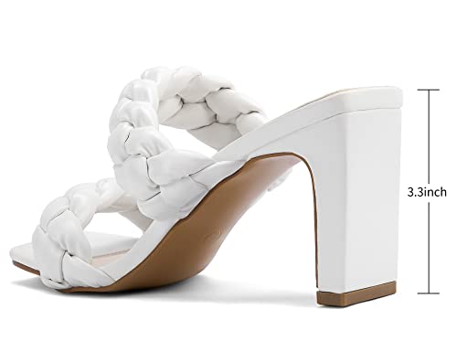Greatonu Women's White Two Strap Braided Sandals Square Toe Block Heeled Summer Dress Heels Size 8 #TOP6