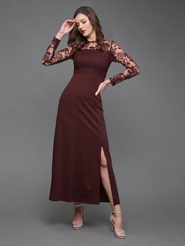 Image of Miss Chase Womens Bodycon Square Puff Sleeve Solid Lace Overlaid Ankle Length Dress