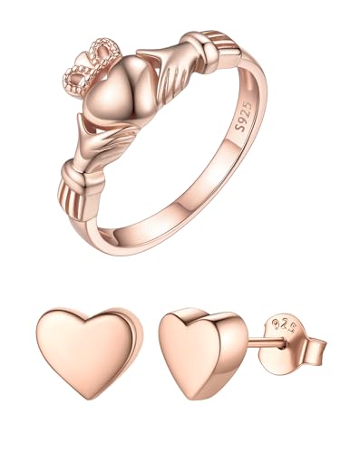 ChicSilver ChicSilver Rose Gold Plated Heart Jewelry for Women, Tiny Heart Studs Earrings & Claddagh Celtic Knot Rings