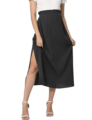 FUNJULY Maternity Dress Women's High Waist Floral Print Pleated Maxi Skirt Casual Flowy Swing A Line Long Skirts Black-KC-Large