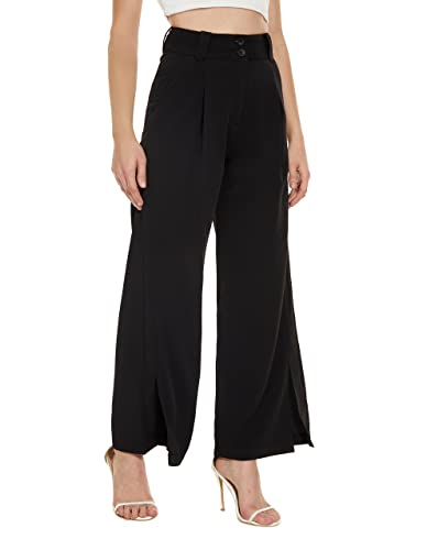 Decivi Women's Pleated Front Palazzo Pants For Work Business Casual Wide Leg Hight Waist Split Side Trousers Double Button Black #TOP3