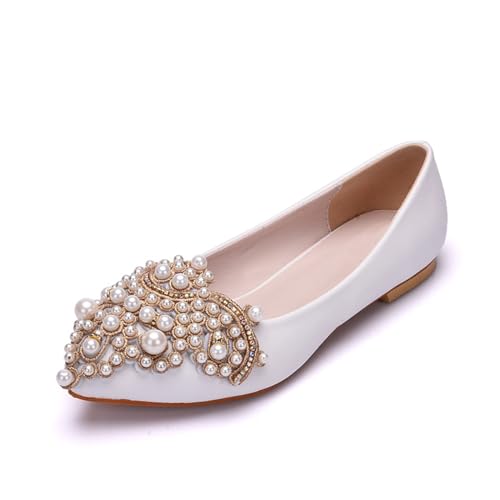 Women Flat Shoes, White Pearl Rhinestones Bridal Shoes Shallow Mouth Comfortable Low Heeled Party Dance Photo Casual Shoes Adult, 39 EU,White
