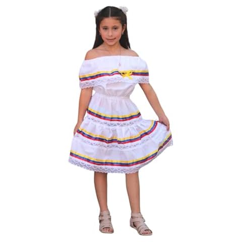 Ethnic Colombian, Venezuelan, & Ecuadorian Off-Shoulder White Dress with Yellow, Blue, & Red Ribbons for Toddlers & Girls (Ages 12) Cover