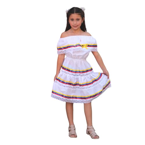 Ethnic Colombian, Venezuelan, & Ecuadorian Off-Shoulder White Dress with Yellow, Blue, & Red Ribbons for Toddlers & Girls (Ages 2)