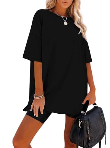 Remidoo Women's Oversized T Shirt Crewneck Solid Short Sleeve Baggy Cotton Tees3