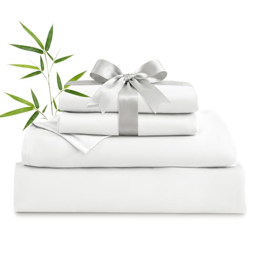 Image of MICORAL Queen Sheet Set, Rayon Derived from Bamboo Cooling Sheets for Queen Size Bed Set, Breathable & Soft, Deep Pocket Up to 16 inch, Hotel Luxury Silky Bedding for Hot Sleepers, White