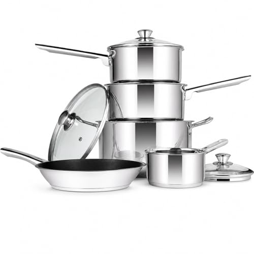 Penguin Home Set of 5 Cookware Pan Set, Stainless Steel Kitchen Set of 5 piece - 18 cm & 20 cm Saucepan with lid, 24 cm Non Stick Frying Pan, 24 cm Stock Pot and 14 cm Milk Pan