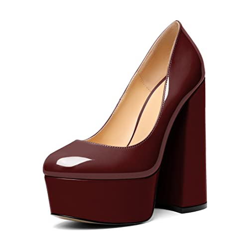 Soireelady Women's Platform High Heels Round Toe Chunky Block Heel Pumps Slip On Dressy High Heels for Party, Evening and Nightclub