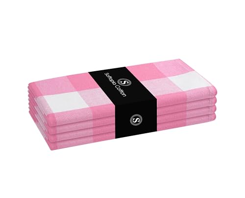 Softopia Cotton Pink Buffalo Plaid Cloth Napkins 4 Pack, 16x16 Inches, 100% Cotton, Soft, Durable Fabric, Washable Checked Table Linen for Easter Brunch, Spring Parties, Dining, Rose Pink and White