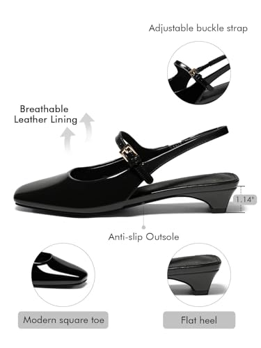 Coutgo Womens Mary Jane Chunky Low Heels Slingback Ballet Flats Closed Square Toe Wedding Dress Shoes4