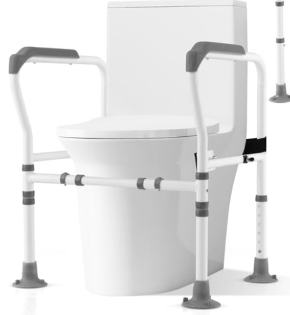 COSTWAY Apoyabrazos WC, Riel de Seguridad para Inodoros para Ancianos, Soporte para Inodoro con Altura y Anchura Ajustables y Correa Fija para Discapacitados y Minusválidos (gris1)