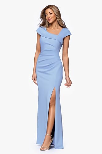 Image of Xscape Evenings Women's Long, Ruched Bodycon Low-Sheen Cross Front Halter Neck Evening Dress with Ruffle Detail